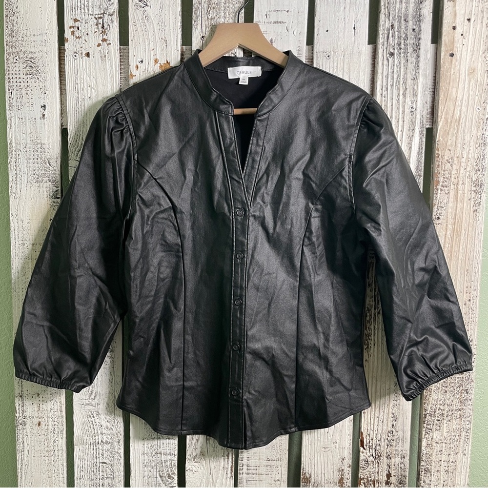 Cerule Black Faux Leather Top Womens Size XL Button Up V-neck Romantic Night Out